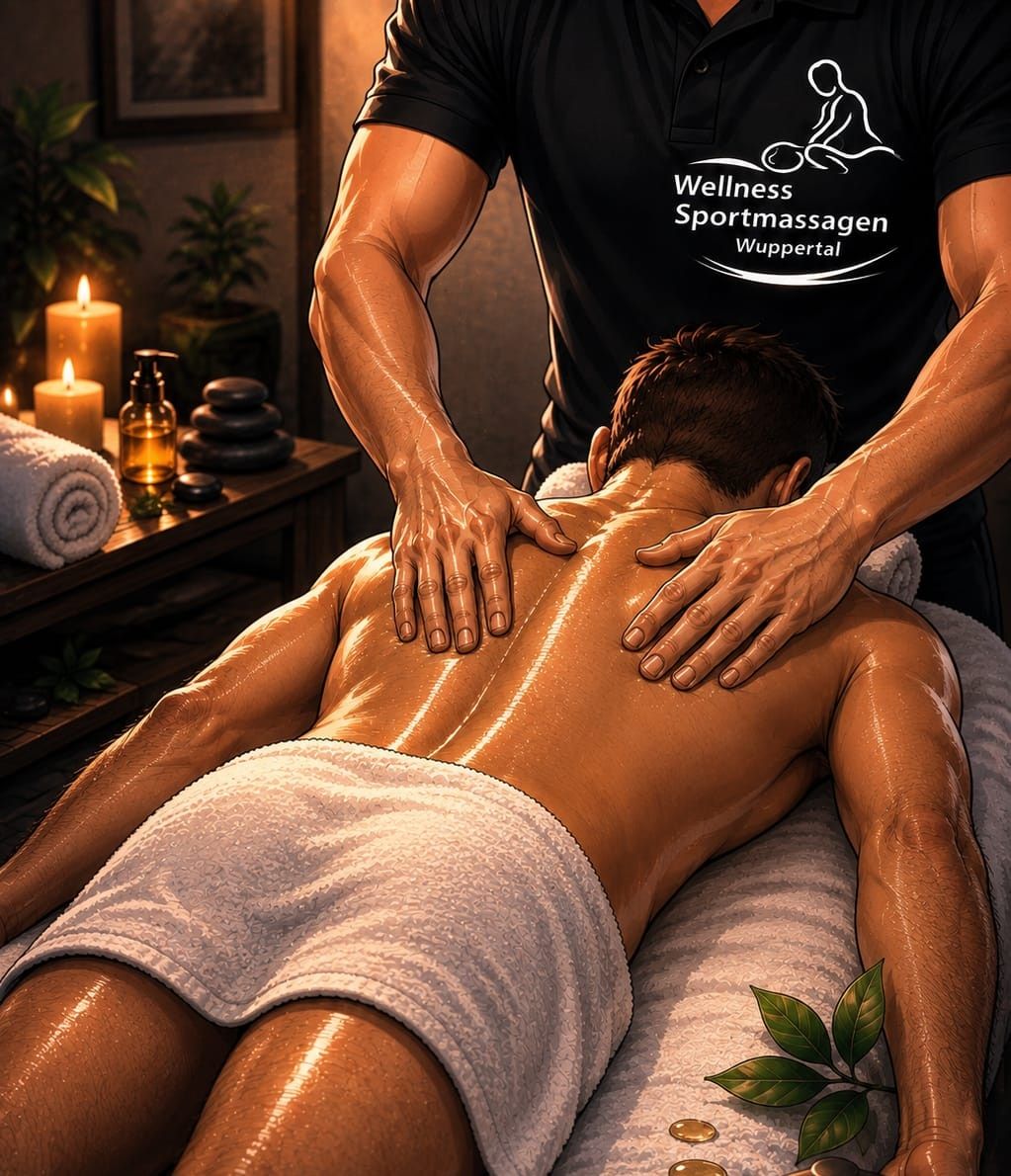 Ganzkörpermassage: Gast liegt entspannt unter einem Handtuch, der Masseur massiert den Rücken
