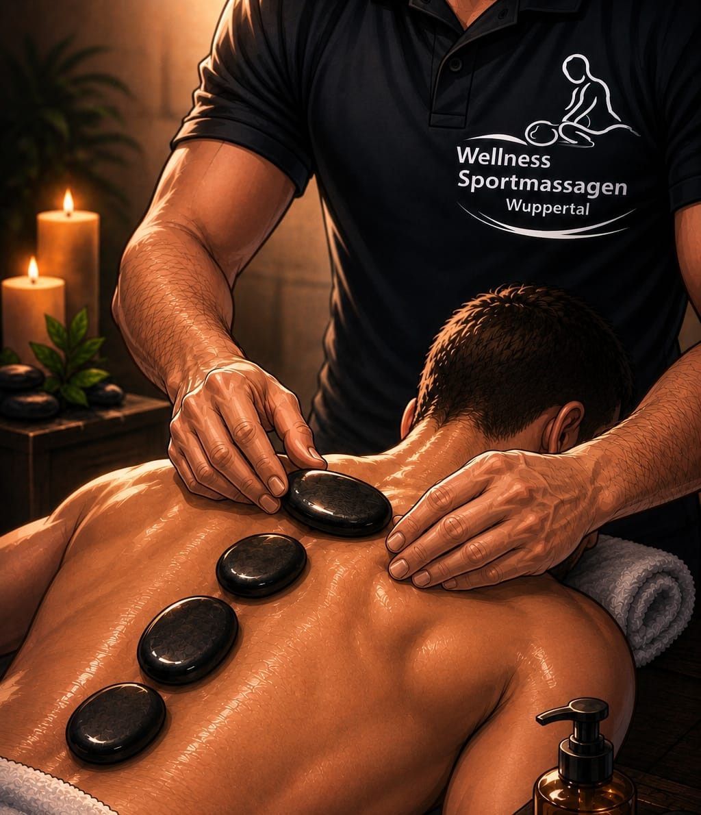 Hot-Stone-Massage: vier dunkle, erwärmte Steine liegen entlang der Wirbelsäule eines Gastes