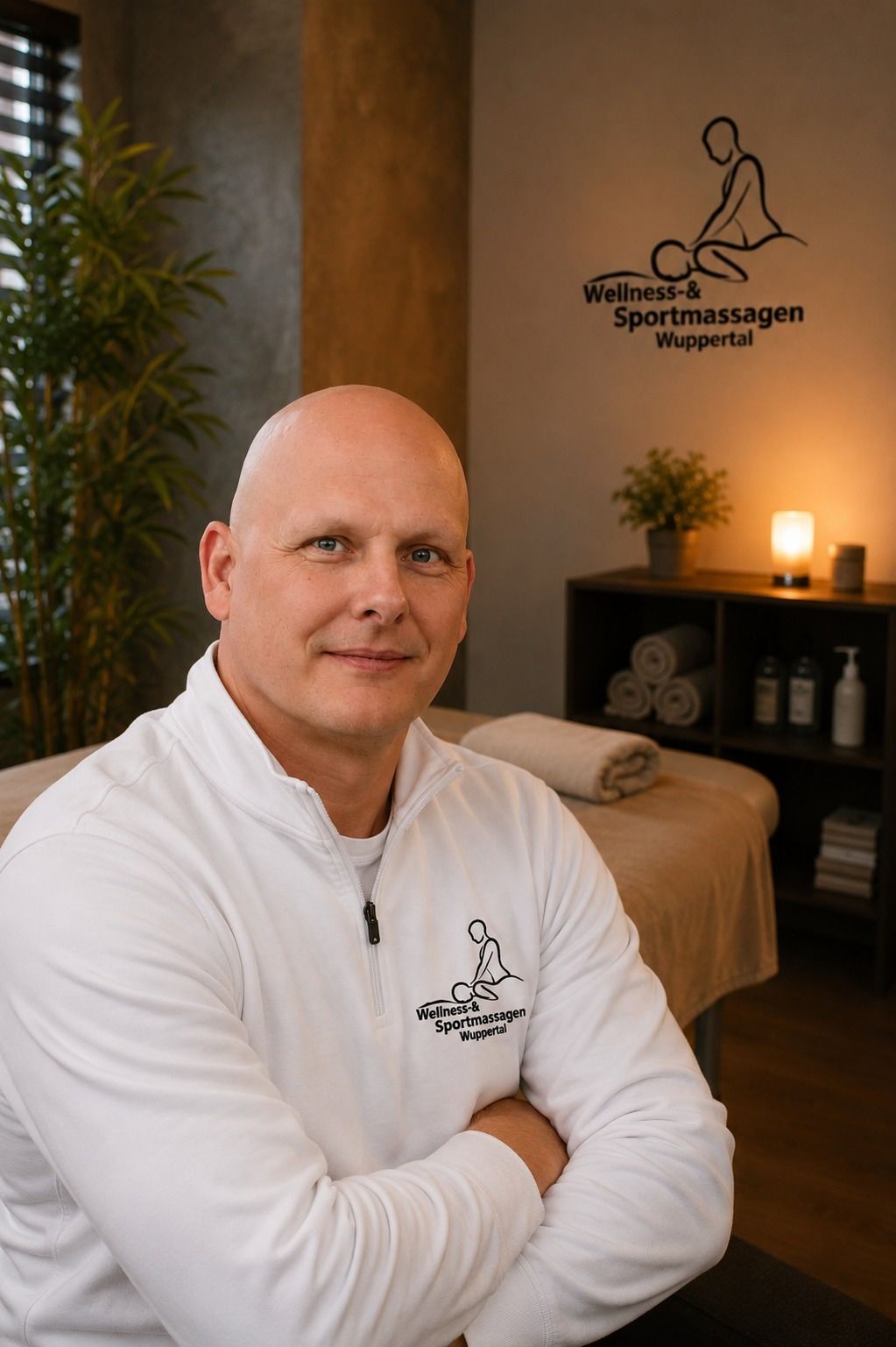 Torsten Böhm in seinem Massageraum in Wuppertal, mit verschränkten Armen vor der Massageliege